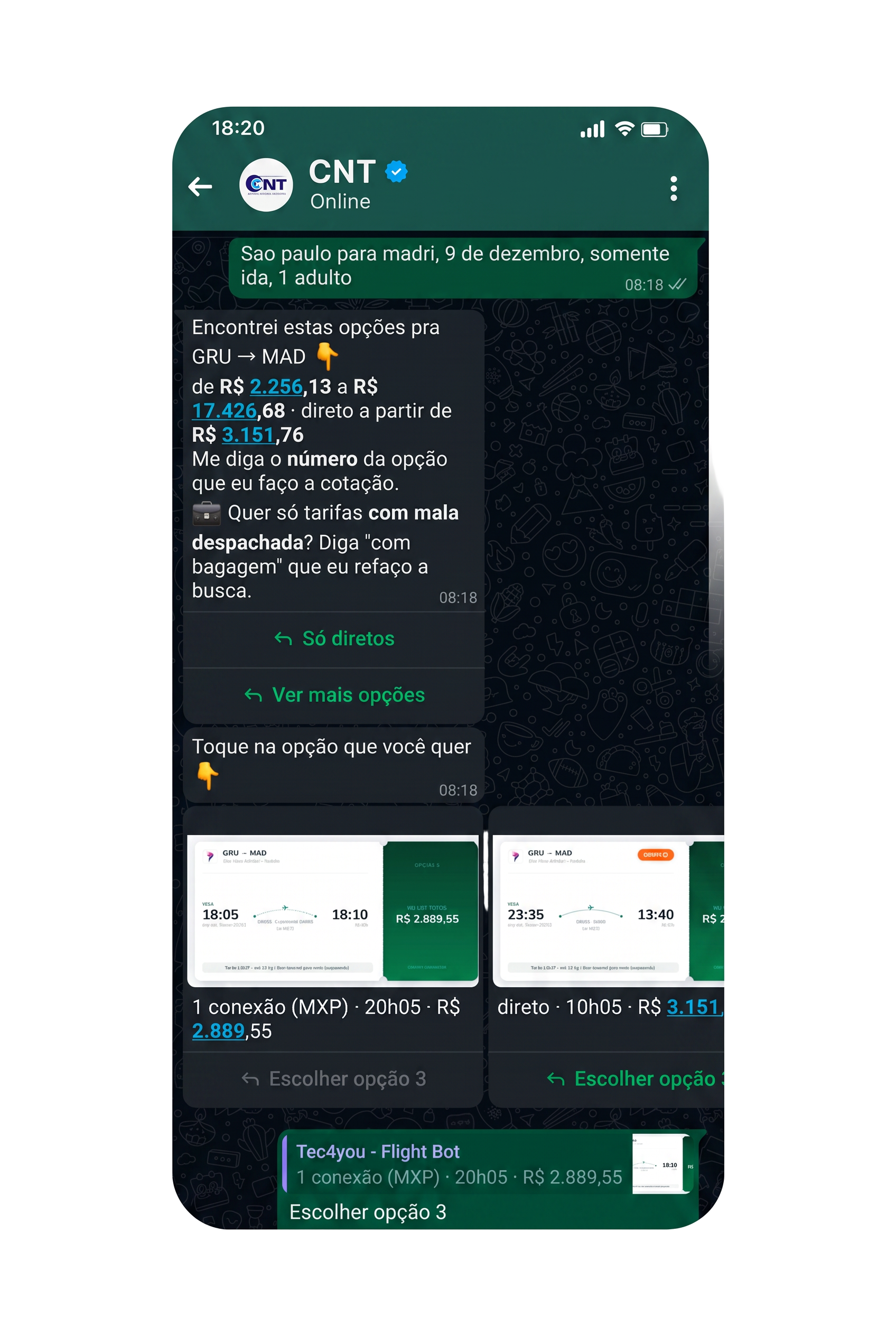 Celular mostrando a conversa da NOVVIA no WhatsApp com cotações de voos GRU → MAD